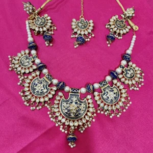 Kundan meenakari blue dhoolu necklace with beads