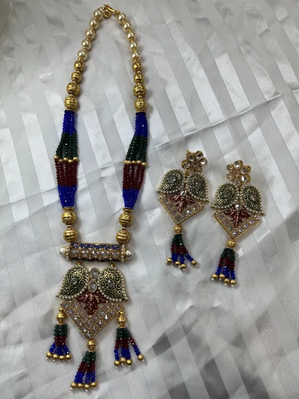 Kundan meenakari blue necklace with crystal and beads mala