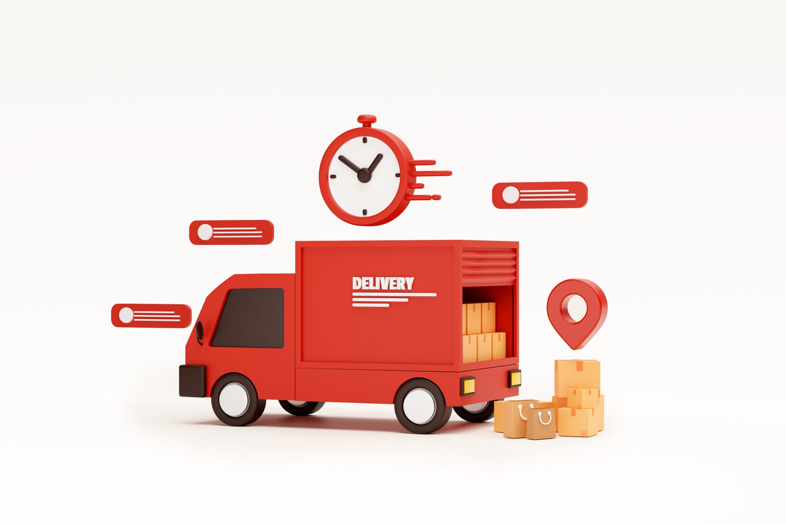Red delivery car deliver express Shipping fast delivery truck and Pin pointer mark location and cardboard boxes with bubble chat message and clock delivery transportation logistics concept on white background 3d rendering illustration